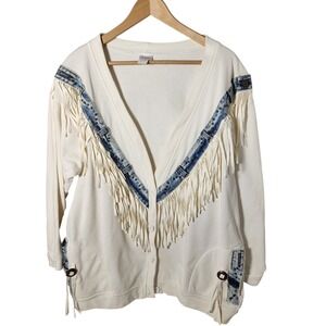 Frederick's of Hollywood Cream and Blue Fringe Cardigan